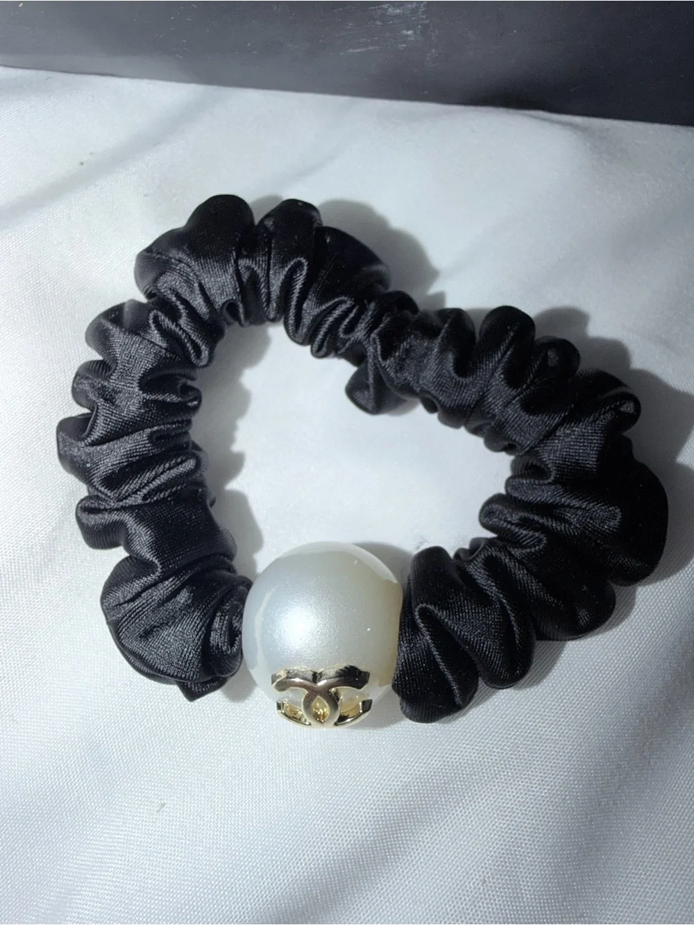 Fashion Black Satin Scrunchie with Pearl CC Accent